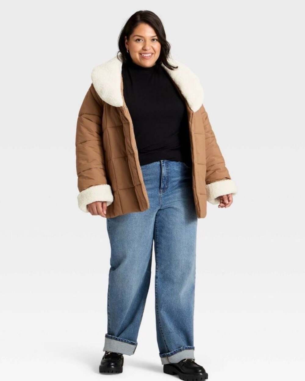 Ava & Viv Women's Belted Faux Fur Collar Puffer Jacket Tan Size 1X